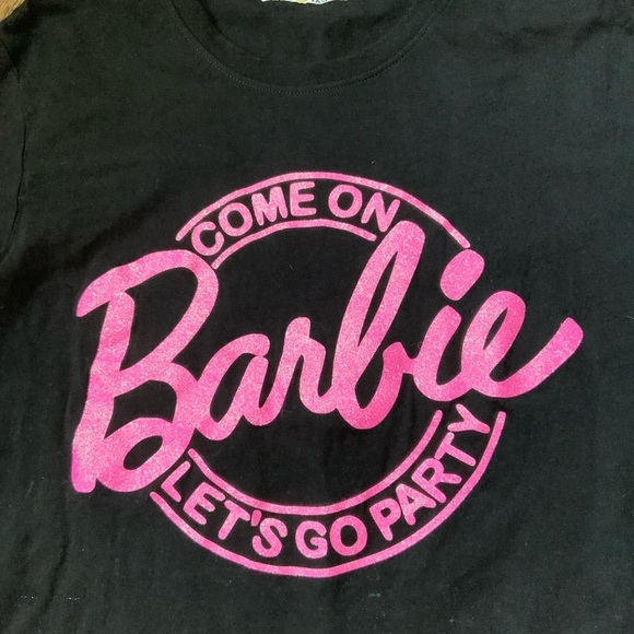 BARBIE X JAYNE FASHION Glitter Pink Scoop Neck Black T-Shirt Women’s Size Small - Picture 3 of 13